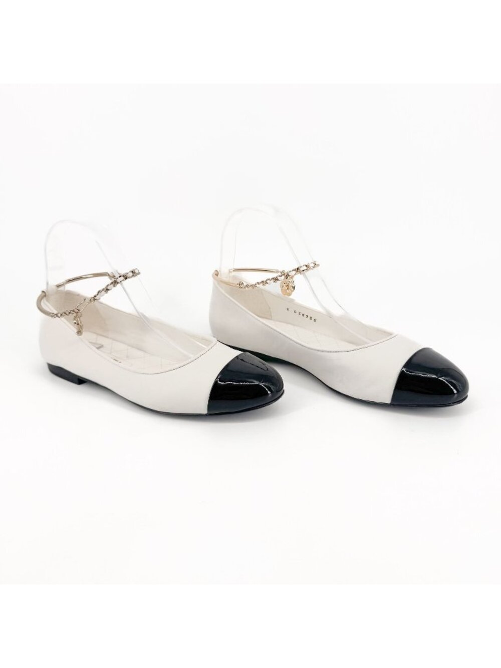 Chanel CC Camellia Ankle Chain White Cap Toe Ballet Flats Size 37.5 US 6.5-7